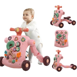 4 in 1 Walker for Baby, Baby Push Walker, Assemble as Scooter/Balance bike/Detachable Panel, Walking Toys for Infants 3-12 Months, Pink