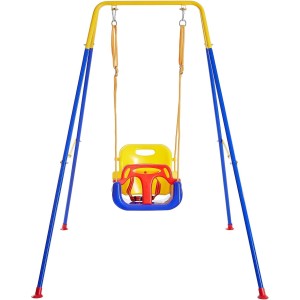 TDOO Toddler Swing Set, Heavy-Duty Indoor Outdoor Baby Swing Seat w/Safety Harness&Handrails, Folding Metal Stand & Clear Instruction, Easy to Assemble & Store (Color-E)