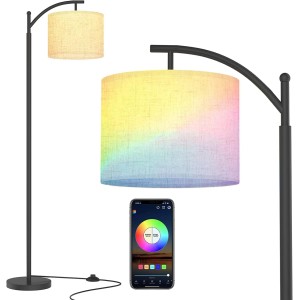 TDOO RGB Floor Lamp for Living Room, Modern Beige/Black Linen Lampshde, Adjustable Pole 60-73inch Height, Tall LED Standing Lamp for Bedroom and Office