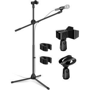 TDOO Microphone Stand, Foldable Tripod Boom Stand Adjustable Height Heavy Duty Mic Boom Stand with Dual Mic Clip Holders and Metal Base for Singing, Speech, Stage, Ou r Activities (Black-B)