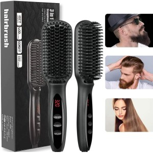 Beard Straightener, Ionic Hair Straightener Brush With LCD,30s Fast Heating＆12 Adjustable Temperature,Upgraded Beard Brush for men, Portable Anti-Scald Beard Straightening Brush for 2 Inch+ Beard