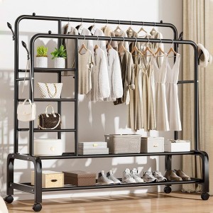 TDOO Double Clothes Garment Rack, Multi-Purpose Clothes Hanging Rack with Wheels, Garment Rack with Side Hooks, Easy to Assemble, for Home Office Bedroom Hanging Clothes