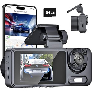 Dash Cam Built in WiFi Car Dashboard Camera Recorder, 3 Channel Dashcam for Cars, 170° Wide Angle, Night Vision, Free 64GB Card