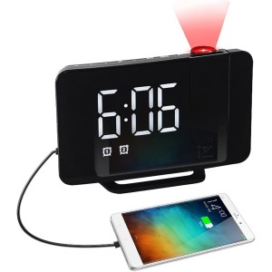 Projection Alarm Clock, Radios Digital Alarm Clock for Bedroom with FM Radio and Dual Alarm, Large LED Alarm Clock Projection on Ceiling Wall, 180° Projector, USB Charger,for Heavy Sleeper Kid Elderly