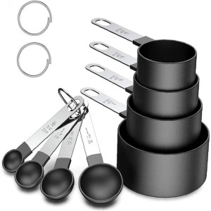 8 Pieces Measuring Cups and Spoons Set，Stackable Stainless Steel Holder and Hook, Engraved Volumes,Great for Dry and Liquid Ingredients,Small Teaspoon with Plastic Head (black)