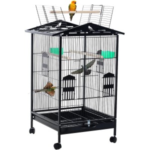 38'' Large Metal Bird Cage with Open Top, Standing Parrot Cage with Wheels, Spacious and Roomy Bird Cage with Removable and Washable Tray, Feeder, Waterer, Suitable for Budgies, Parakeets, and Conures