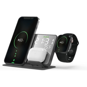 TDOO Wireless Charging Station 4 in 1 Wireless Charger, Fast 15W Wireless Charger with Dual Alarm Clock Compatible for Apple Watch/AirPods Pro/iPhone 13/12/11/11pro/11pro Max/X/XS/XR Samsung S20/S10