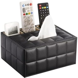 PU Leather Rectangular Tissue Box Cover - Multifunctional Tissue Box Holder with Stationery Remote Control Box, Decorative Tissue Pen Remote Organizer for Home/Office/Car/Restaurant, Black (Black)