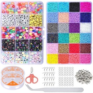 TDOO 5000PCS 4mm Glass Seed Beads for Jewelry Making Kit + 750pcs Alphabet Letter Beads, Glass Beads Set for Bracelets Making, DIY, Art and Craft with Rolls of Elastic String Cord & DIY Tools