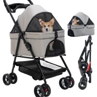 INGUNAR Foldable Pet Dog Stroller, 4 Wheel Cat Dog Stroller for Jogging Travel, Sun Shade, Cup Holder, Mesh Window, 360° Rotated Wheels, Storage Basket, Foot Brake, Easy One-Hand Fold