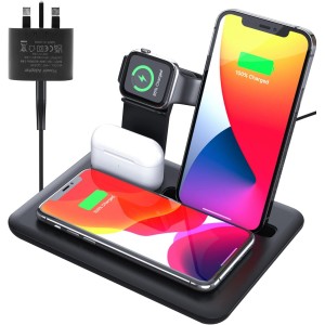 TDOO 6 in 1 Wireless Charging Station- Multi-Device Wireless Charging- 15W Fast Charging Gear- Wireless Charger for iPhone- Apple Watch- Airpods and Other Smartphones - Black- USB