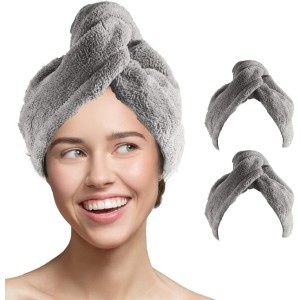 TDOO Hair Microfiber Towel Wrap Ultra Absorbent & Fast Dry for Women, Grey -Pack of 2