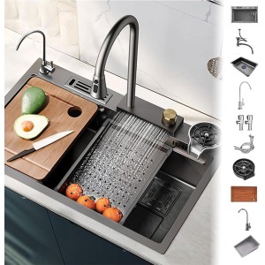 Waterfall Kitchen Sink 304 Stainless Steel Nano Utility Sink, Bowl with Pull-Out Faucet Chopping Board, Vegetable Basin And Cup Washer Single Bowl Workstation Sink Set, Size: 75x45cm, Gray