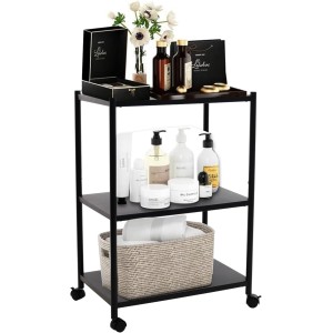 Storage Trolley 3-Tier Slide Out Storage Cart Rolling Utility Cart Storage Shelf Rack on Wheels Trolley Organizer for Office, Kitchen, Bedroom, Bathroom, Laundry Room & Dressers, Black