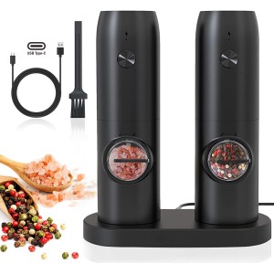 TDOO 2 Pack Electric Salt And Pepper Grinder Set With LED Light, 5 Adjustable Coarseness, Type-C Rechargeable Automatic Pepper Mill With Charging Base, 70ml Large Capacity