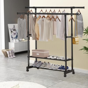 TDOO Clothes Drying Rack,Mobile Clothing Garment Rack with Extensible Rod and Shoes Rack,Stainless Steel Clothing Rack for Hanging Clothes, Coats, Skirts, Shirts, Sweaters(black)