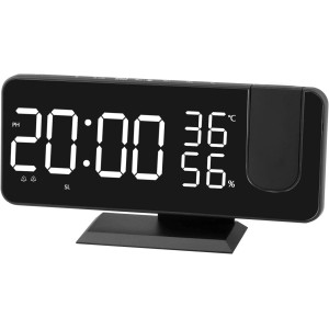 Projection Alarm Clock, Digital Clock with 180° Rotatable Projector, 7.4 Inches Large Mirror LED Clock Alarm clock, Progressive Volume, 6mins Snooze,12/24H, Digital Alarm Clock for Bedroom (Black-A)