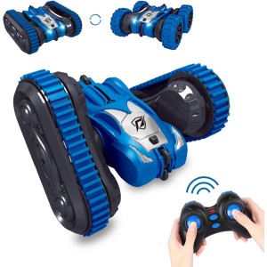 2-in-1 Remote Control Car, Rechargeable Remote Control Crawler for Kids Age 3 Years and up, Changeable Wheels, Double-Side 360° Flips, LED Headlights, Fast Stunt Toy Race Cars for Toddlers-Blue