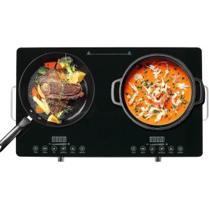 Dual Burner, Infrared Cooker, 3500W Electric Cooktop, Sensor Touch & Knob Control, 4 Hours Timer, Temperature Control, 8-Inch Glass Dual Counter Electric Cooktop, Compatible with All Kitchenware