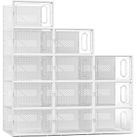 INGUNAR Large Shoe Storage Box with Magnetic Door, 12 Pack Clear Plastic Stackable Sneaker Organizer for Closet, Set of 12 Stackable Clamshell Shoeboxes for Closet Organization and Display(XXL-Large)