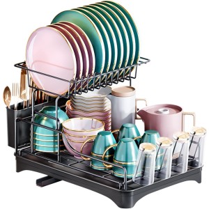 TDOO Large Dish Drying Rack, 2 Tier Stainless Steel Dish Racks with Drainage and Utensil Holder, Drying Rack Kitchen with Drainboard Set, Foldable Dish Drainers for Kitchen Counter Black (D)