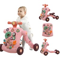 4 in 1 Walker for Baby, Baby Push Walker, Assemble as Scooter/Balance bike/Detachable Panel, Walking Toys for Infants 3-12 Months, Pink