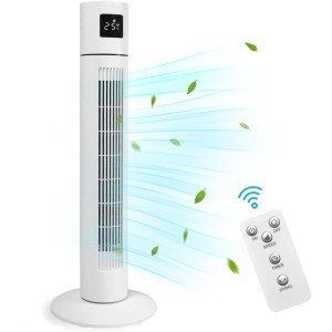 Tower Fan, Standing Floor Bladeless Fan with Remote Control, 90° Horizontal Vertical Oscillating, 3 Speeds and 12H Timer, Touch Control Screen and LED Display Screen, Perfect for Home or Office, White