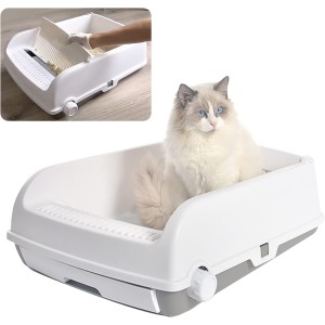 TDOO Extra Large Cat Litter Box,Scoop Out All Cat Poop at Once, Open Top Cat Litter Tray with Scoop,Semi-enclosed Anti-splash Box,Cat Sandbox Cat Toilet (Extra large)