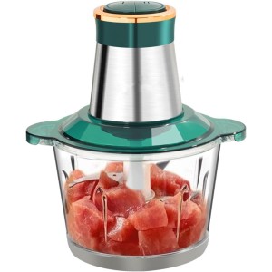 TDOO Mincer Grinding Machine,Meat Sausage Mincer,Food Processor,Meat Grinder Food Chopper 2L Mini Chopper For Meat,Vegetables,Fruits And Nuts,Glass Bowl And 4 Sharp Blades,250W (Green-B)