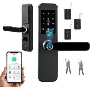 TDOO Smart Fingerprint Door Lock, Fingerprint Biometric Door Lock with TTLOCK App, Keyless Entry Door Lock with Lock Body, Electronic Door Knob for Bedroom Office Home - Black