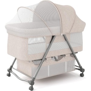 TDOO Portable Movable Crib, Foldable, Baby Bassinet with Mosquito Shade Net, Storage Basket and Memory Foam Mattress (Khaki)