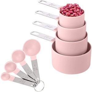 8 Pieces Measuring Cups and Spoons Set，Stackable Stainless Steel Holder and Hook, Engraved Volumes,Great for Dry and Liquid Ingredients,Small Teaspoon with Plastic Head (pink)