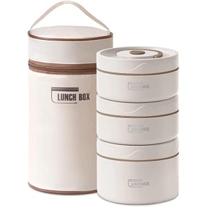 Microwaveable Thermal Lunch Box, Portable Insulated Lunch Containers With Bag, Leakproof Stackable Stainless Steel Food Container For Adults, Kids, Set of 3 Tier Insulated Bento Boxes (beige-a-ae)