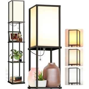 Floor Lamp with Shelves, Shelf Floor Lamps with 2 USB Ports & 1 Power Outlet, Shelf & Storage & LED Modern Floor Lamp Combination, 3 Color Temperature, Standing Lamp for Living Room,Bedroom,Office