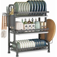 INGUNAR Dish Drying Rack, 3 Tier Dish Racks for Kitchen Counter, Stainless Steel Dish Drainer with Drainboard Utensil Holder for Plates Bowls for Kitchen Countertop, Detachable-Grey