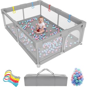 INGUNAR Children's Playpen Indoor, Baby Playpen, Large Playpen for Babies and Toddlers, Sturdy Safety Play Yard 59 * 71 * 27 inch with Soft Breathable Mesh, balls, Anti-Fall