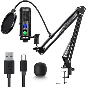 TDOO Condenser USB Microphone, Plug & Play PC Computer Microphones Kit with Adjustable Boom Arm Stand Shock Mount, One-Touch Mute for Streaming, Podcast, Studio Recording and Games 192kHz/24Bit