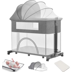 Bedside Baby Crib, 4 in 1 Portable Folding Baby Bassinet With Mosquito Net, Mattress, Diaper Changing Station, Height Adjustable Travel Crib With 360° Swivel Wheels, Nursery Bed For Infant, Newborn