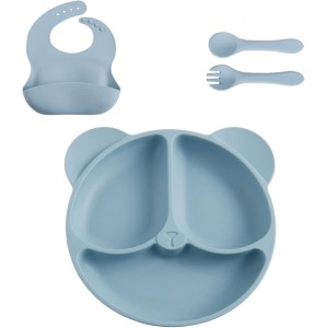 Silicone Toddler Plates,Baby Feeding Set,Suction Plates for Baby with Spoon and Fork Silicone Bibs Set Kids Divided Grip Dish Self Feeding Training Baby Dinner Plate Microwave Dishwasher Safe-Blue