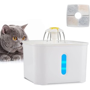 TDOO Cat Water Fountain, 84oz/2.5L Automatic Drinking Water Dispenser for Cat and Dog with Water Level Window,Auto Power Off Pet Fountain with 1 Replacement Filter (WHITE-A)