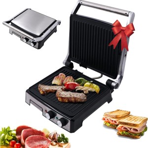 2800W Contact Panini Press Grill with Variable Temperature Control, Time Control, Non-Stick, 3 Grill Positions for Panini, Burger, Sandwich, Pizza, Steak, Chicken, Fish, Vegetables, Stainless Steel